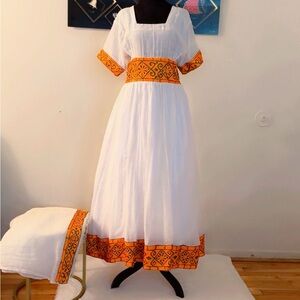 White and Orange Square Neck Maxi Dress with Puff Sleeves